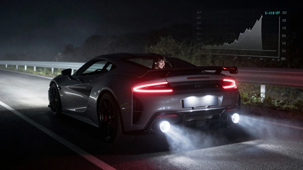 Sports car at night with glowing exhaust pipes, driver smiling, hinting at sound over real power.
