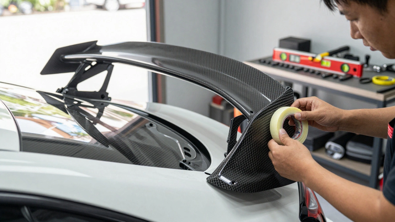 Technician installing a carbon fiber spoiler on a Honda Civic with tools and alignment equipment.