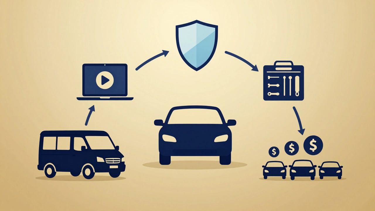 Visual diagram showing car detailing income streams: coating, van service, courses, kits, and fleet contracts.