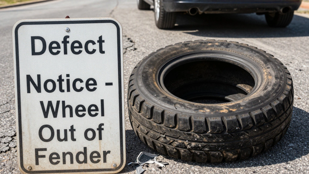 Worn tire with inner-edge damage next to legal defect notice sign, representing spacer risks.