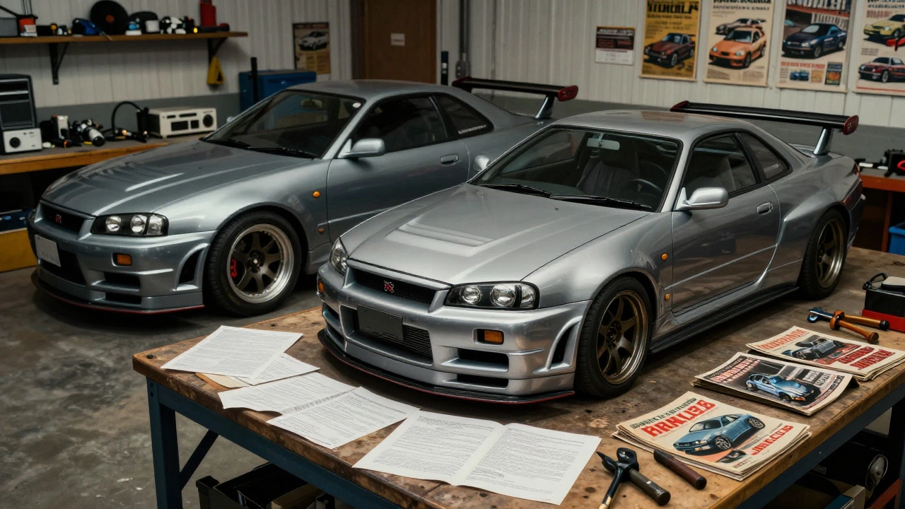 A Nissan Skyline GT-R R34 with a professional widebody kit and original parts displayed on a garage workbench.