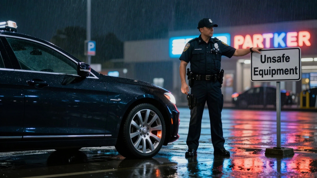 A police officer inspecting a car with illegal magnesium wheels under parking lot lights, rain reflecting the glow.
