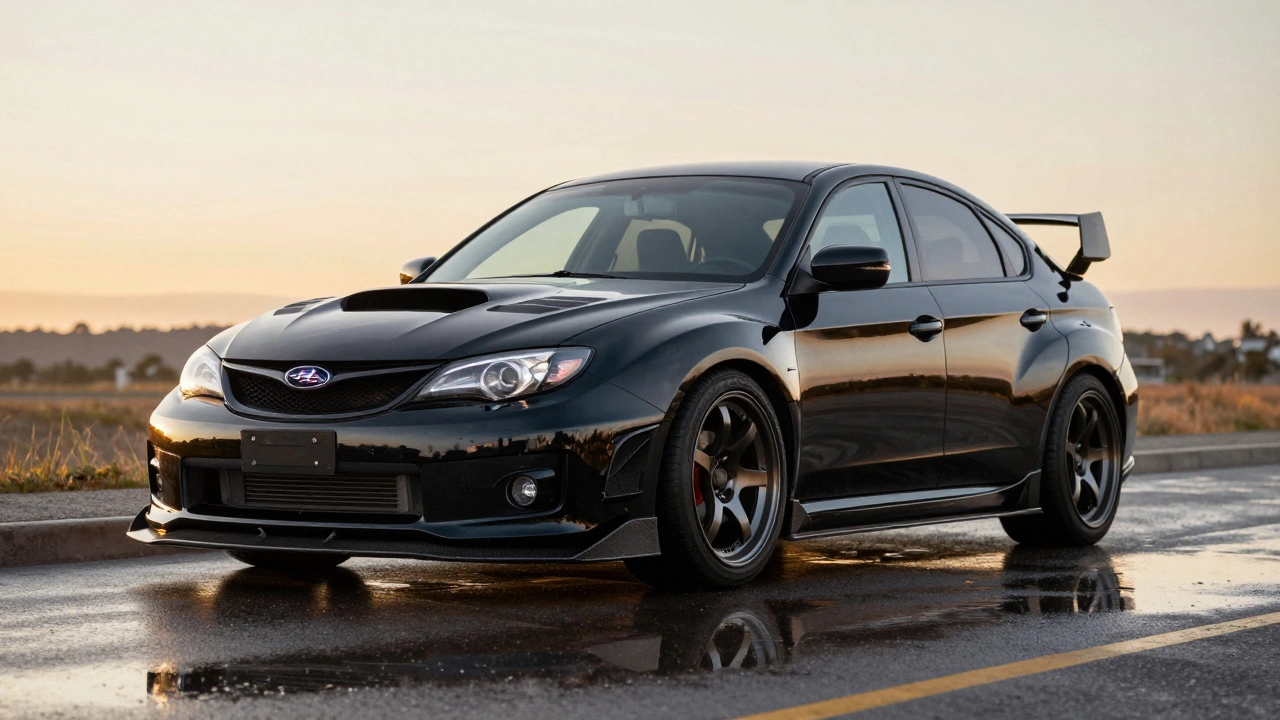 A Subaru WRX STI with factory-widebody kit parked on a wet road at sunset, showcasing perfect aerodynamic integration.
