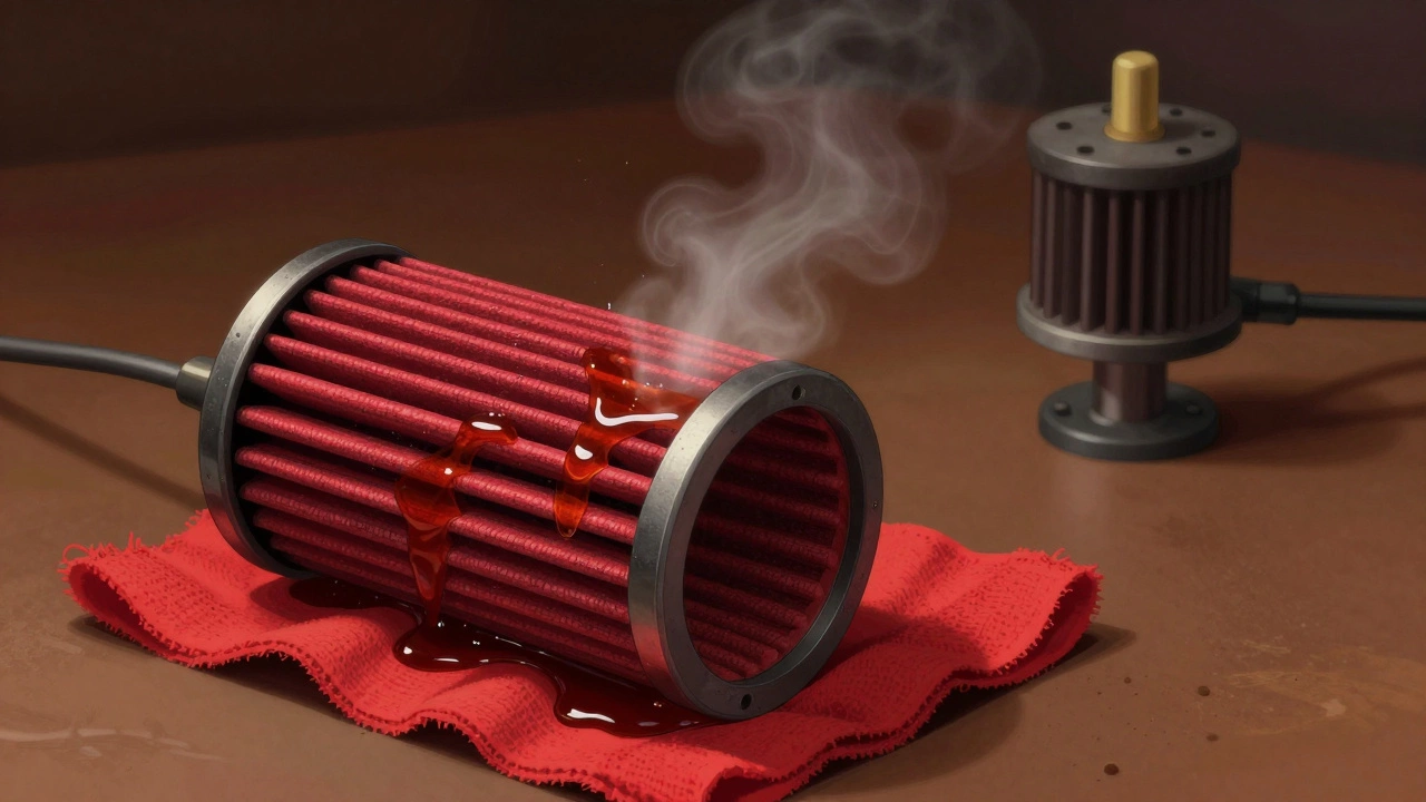 An oiled air filter with visible oil coating, near a MAF sensor at risk of contamination.