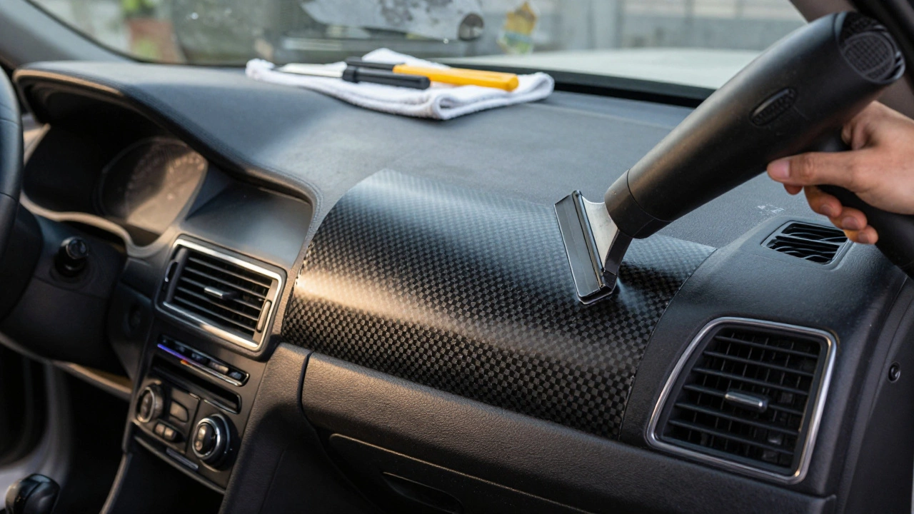 Applying matte carbon fiber vinyl wrap to a car center console using a squeegee and hair dryer.