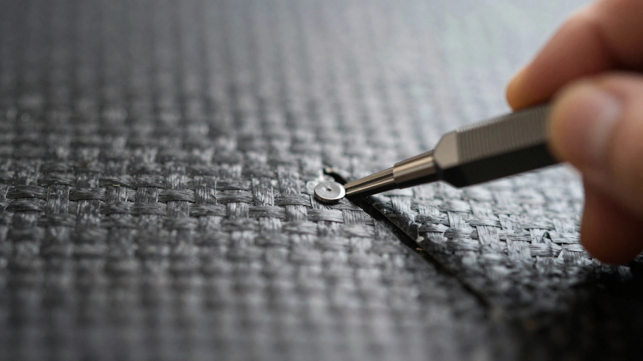 Close-up of carbon fiber weave with mechanic's hand and tool.