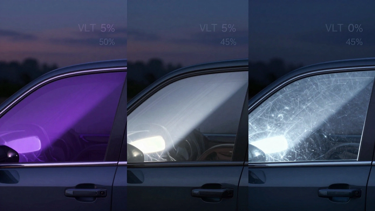 Comparison of three window tint types at night: dyed, metalized, and ceramic, showing differences in glare and clarity.