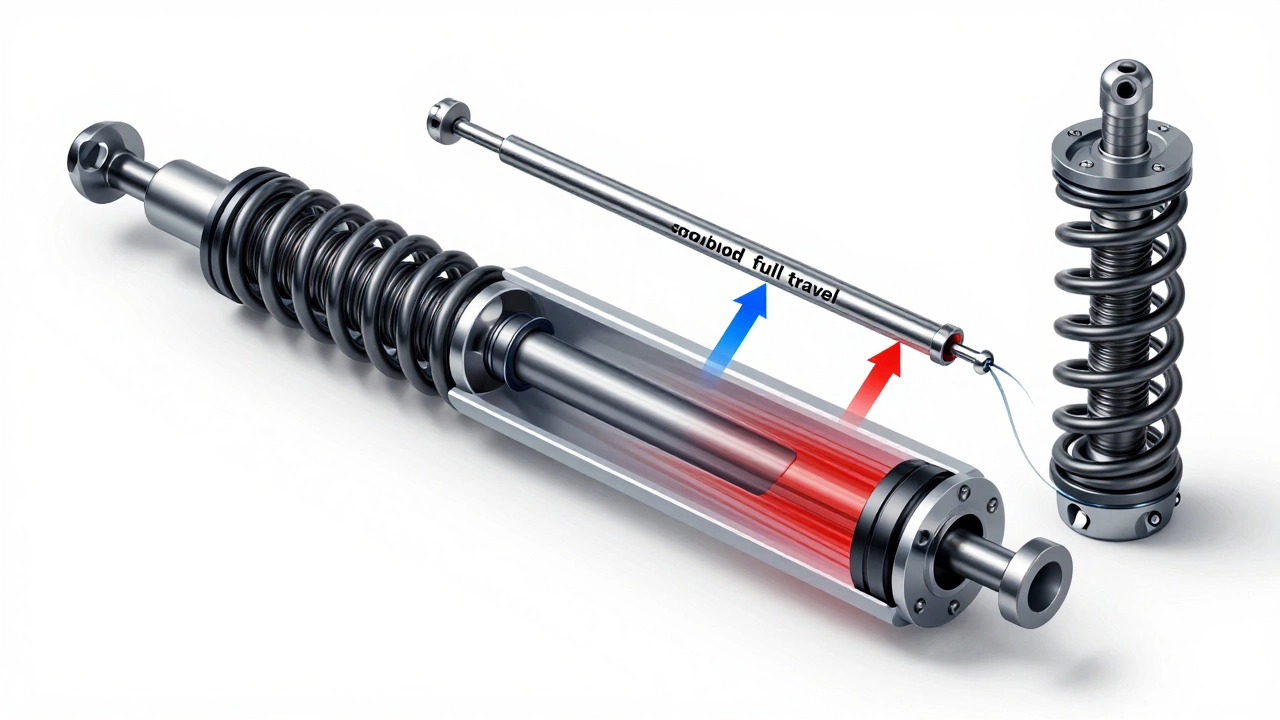 Cross-section diagram showing a failed strut's internal components due to improper lowering springs.