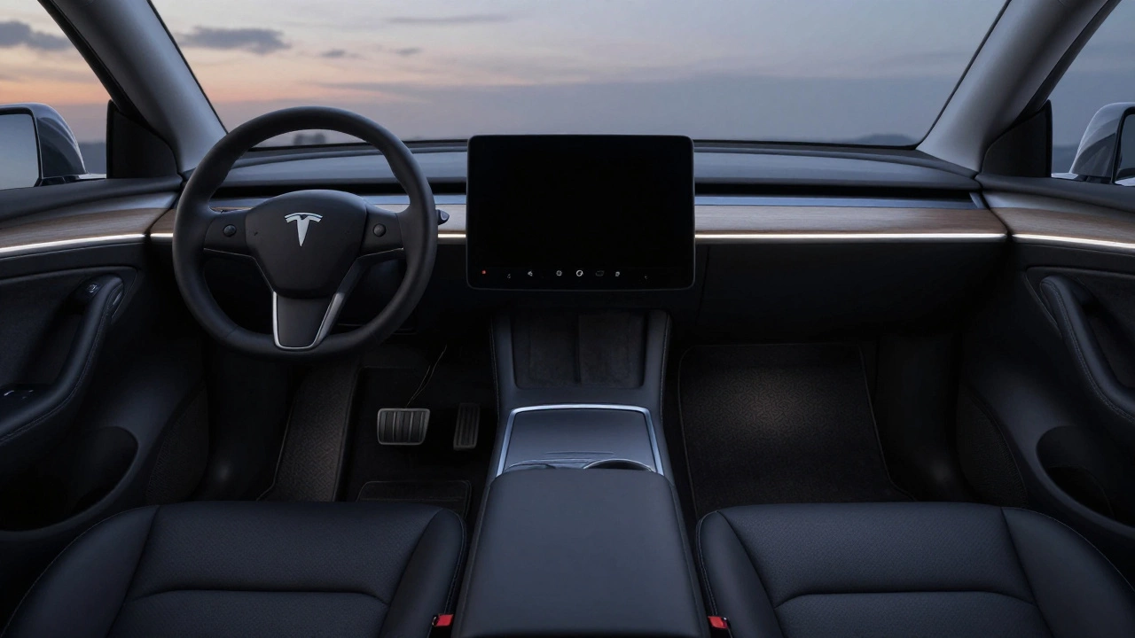 Dark car interior at dusk with soft LED ambient lighting along the dashboard and footwells.