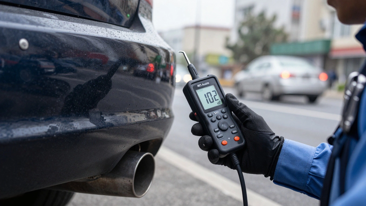 Handheld noise meter measuring exhaust sound levels, digital display showing 102 dB.