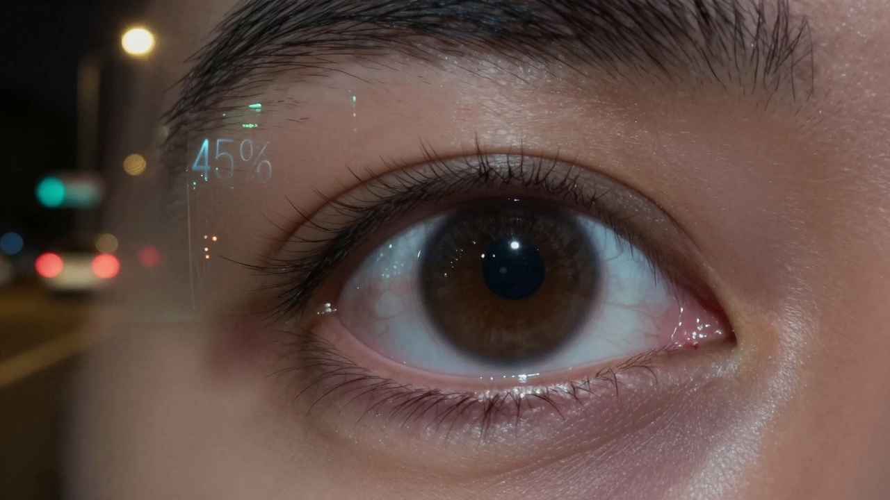 Human eye inside a car at night with window film overlay filtering harmful light while preserving clear vision.