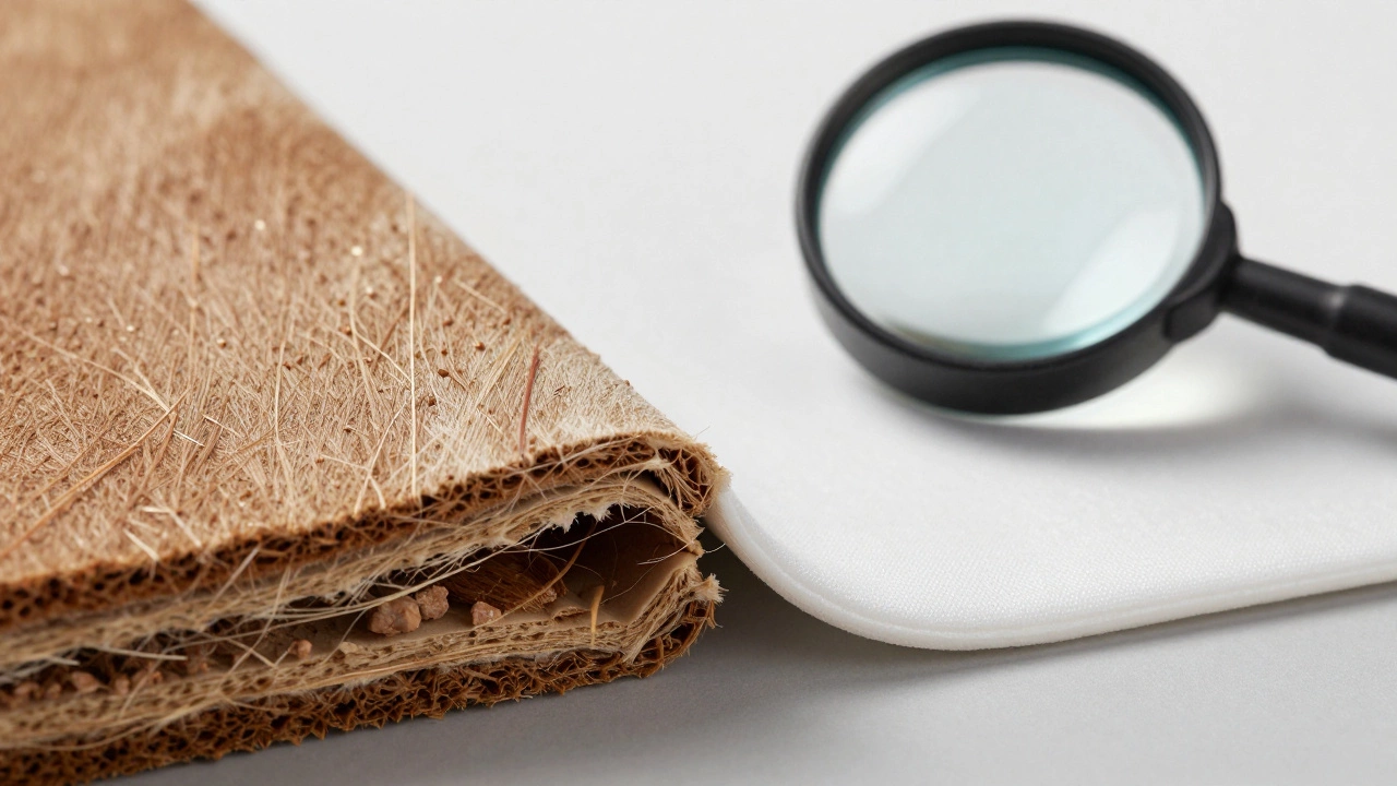 Macro view of cut edges comparing natural leather fibers to reinforced vinyl backing with UV coating.