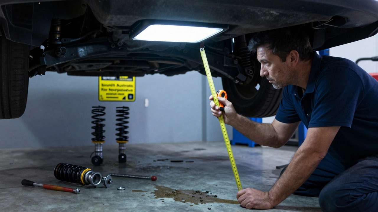 Mechanic measuring a lowered car's ride height under garage lights with tools and coilovers nearby.