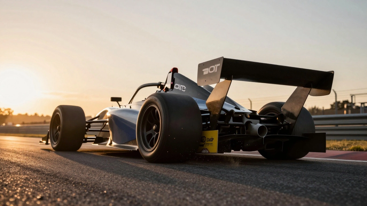 Race car cornering with carbon fiber spoiler providing downforce.