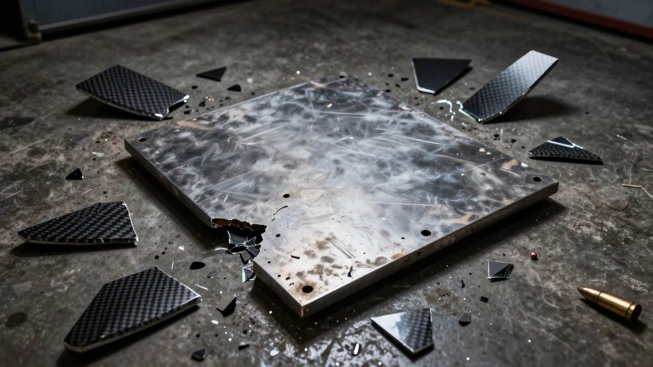 Shattered carbon fiber fragments around a dented steel armor plate after ballistic test.