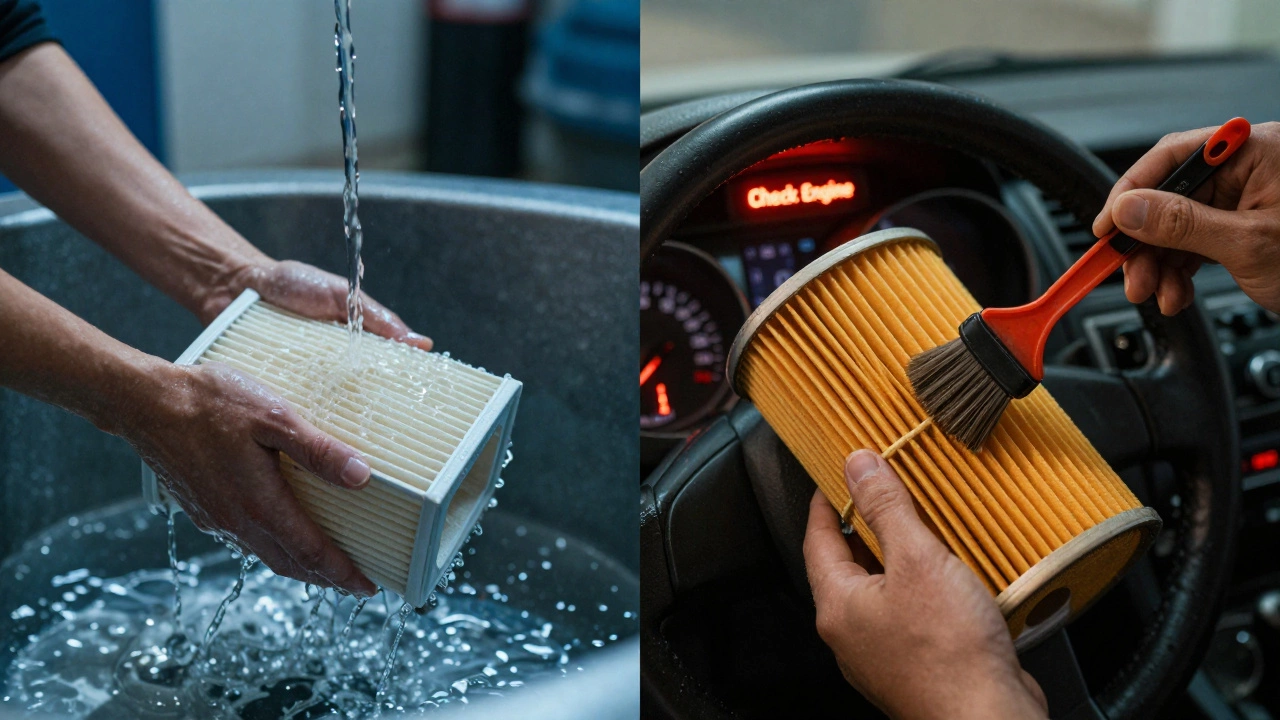 Side-by-side comparison of maintaining dry and oiled air filters, with a check engine light above.