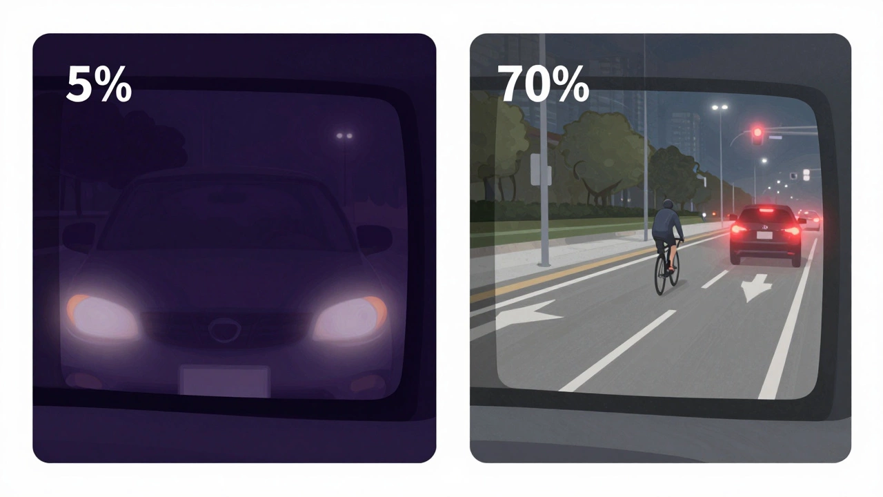 Side-by-side comparison of poor purple-tinted window versus clear infrared film showing night visibility differences.