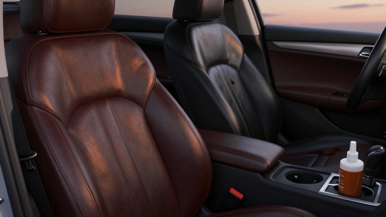Split car seat showing warm leather and cool vinyl under dusk lighting, with a coffee stain being wiped from the vinyl.