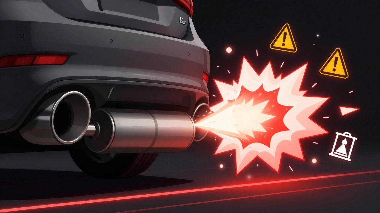 Split image comparing legal and illegal exhaust systems with legal warning symbols.