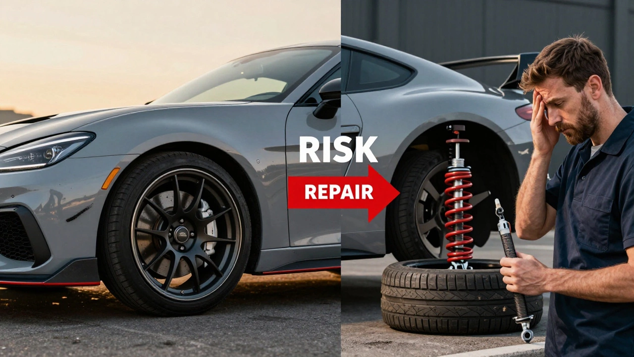 Split image comparing safe coilovers on one side and risky lowering springs on the other.