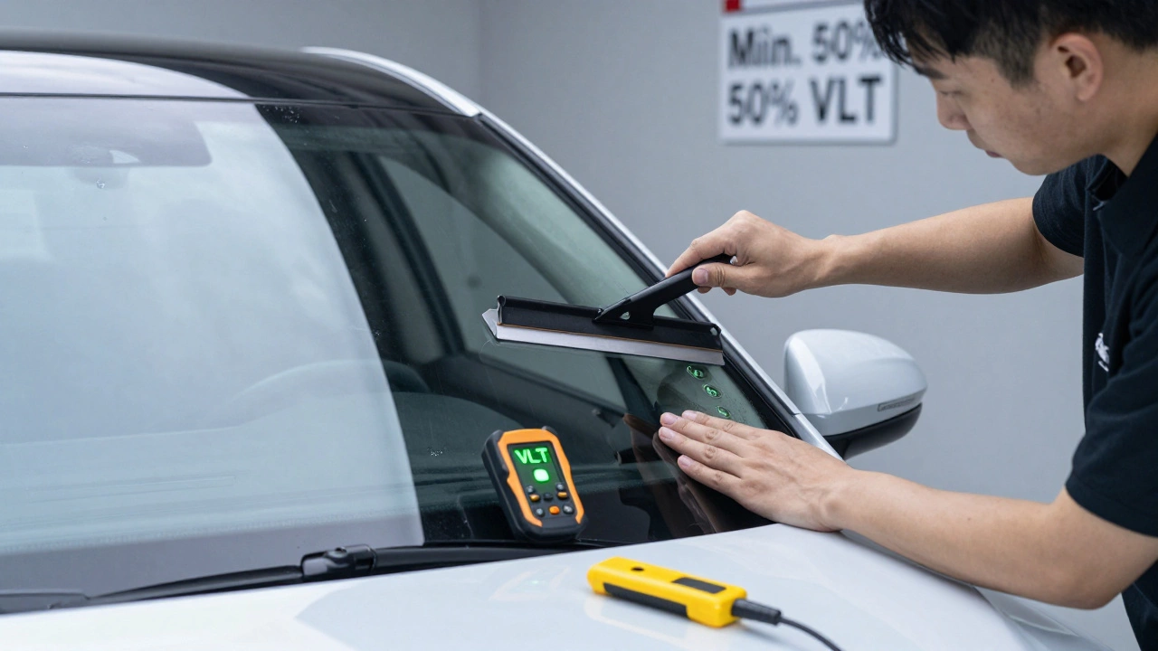 Technician professionally installing ceramic window film on a car's front side window with a VLT meter reading.