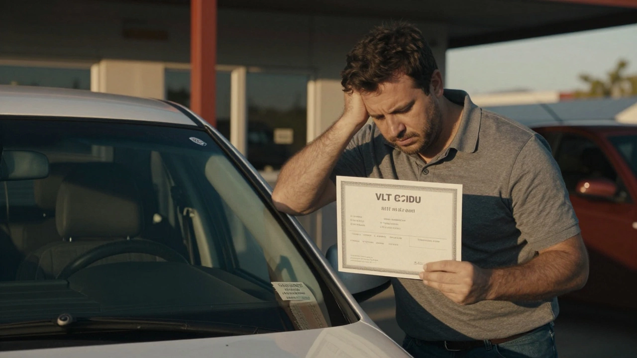 A driver displaying a medical exemption sticker and VLT certification certificate beside their car.