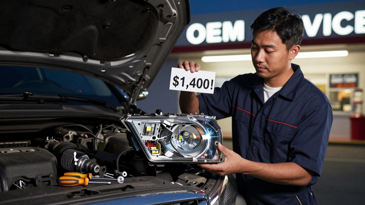 A mechanic holds an expensive LED headlight assembly with a ,400 price tag beside discarded halogen tools.