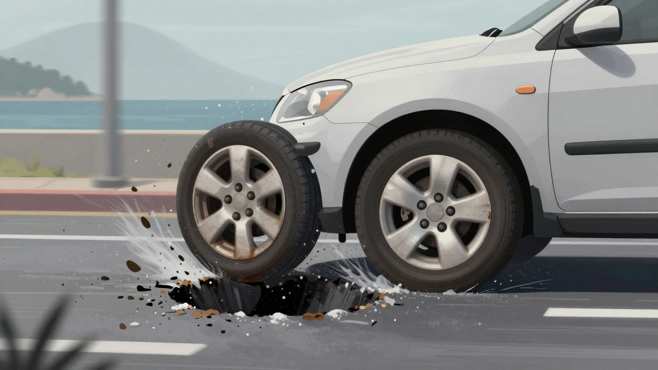 Car driving over a pothole with one alloy wheel bending under impact and salt corrosion visible.