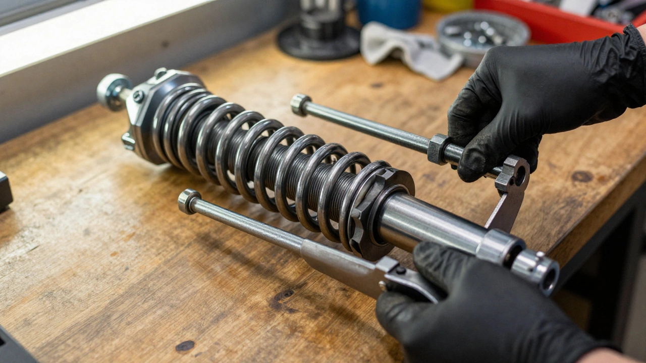 Close up of spring compressors clamped onto a suspension strut on a workbench.