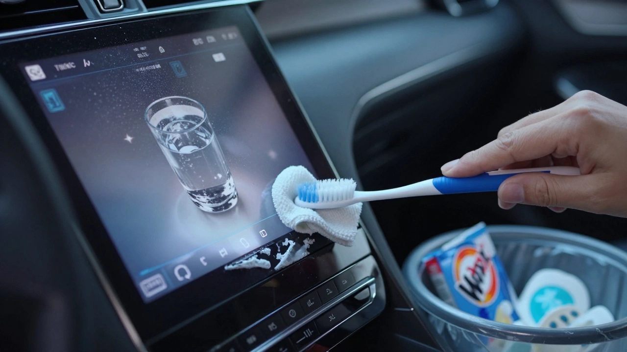 Detailer carefully cleaning touchscreen with microfiber cloth and toothbrush.