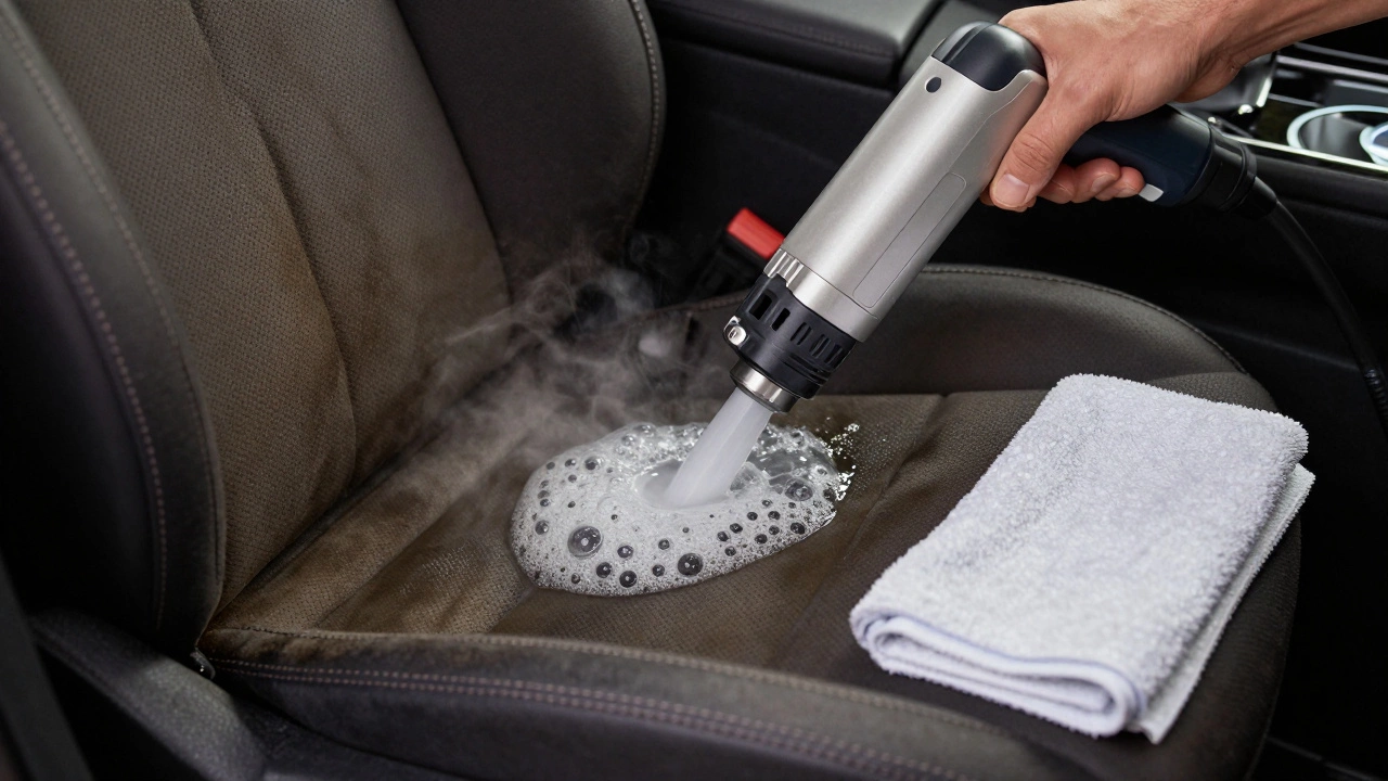 Detailer using extractor machine to clean fabric car seats with enzymatic cleaner.