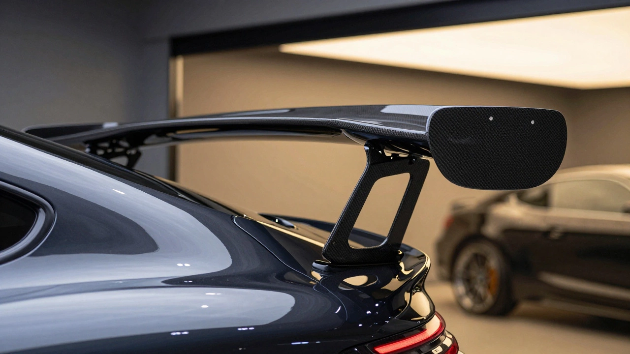 Glossy clear coated carbon fiber spoiler with reflections