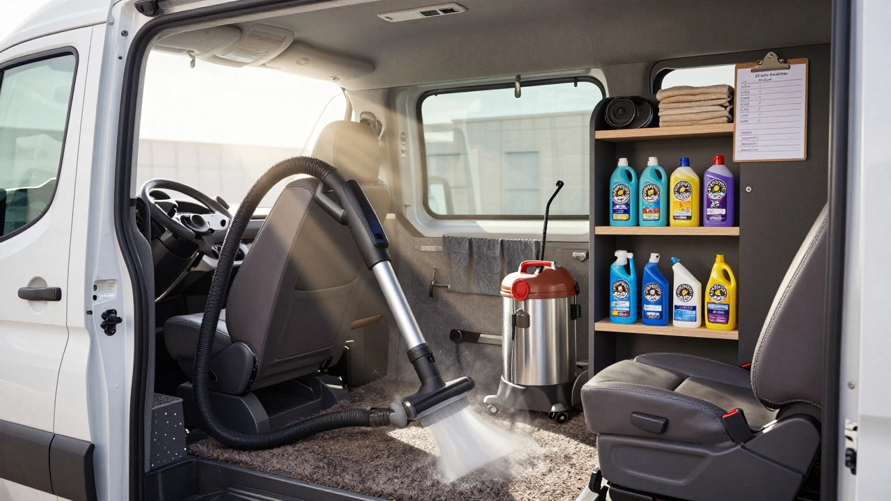 Interior of a mobile detailing van showing vacuum, steam cleaner, and organized detailing supplies in sunlight.