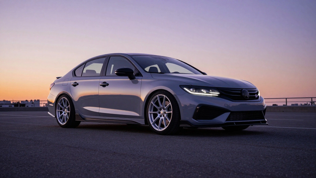 Low angle view of a modified car with lowered suspension parked on asphalt.