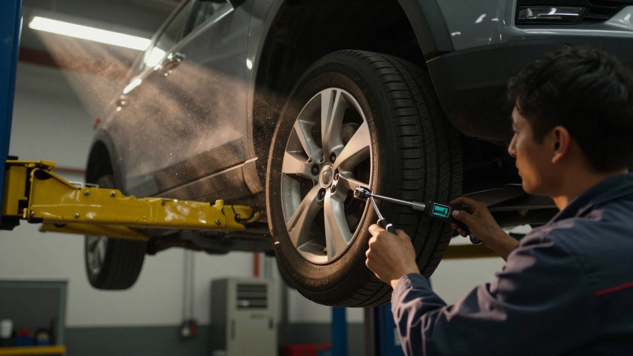 Mechanic using a torque wrench on a vehicle wheel with spacers.