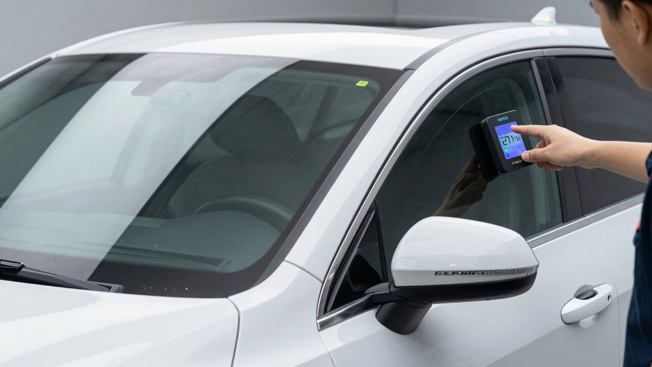 Side-by-side comparison of legal and illegal window tint levels on a vehicle's glass.