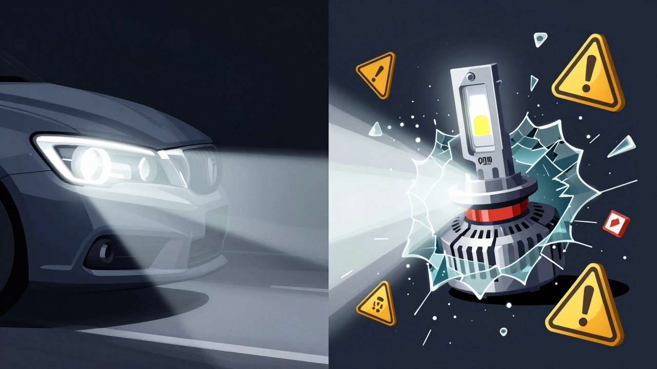 Side-by-side comparison of proper vs. chaotic LED headlight beam patterns.