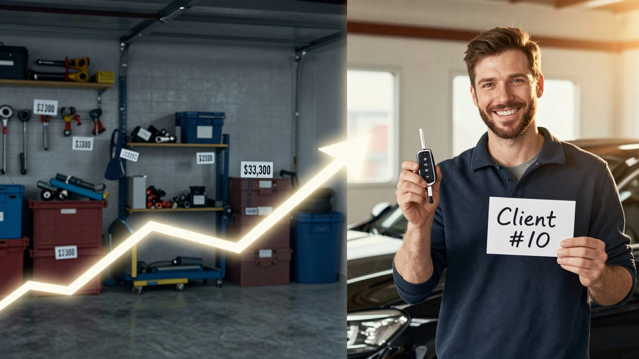 Split image contrasting expensive startup gear with a satisfied detailer after landing tenth client.