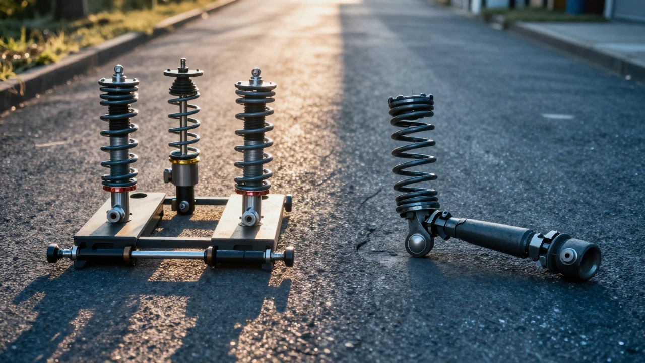 Split image: proper lowering springs on left, damaged suspension on right, contrasting lighting.