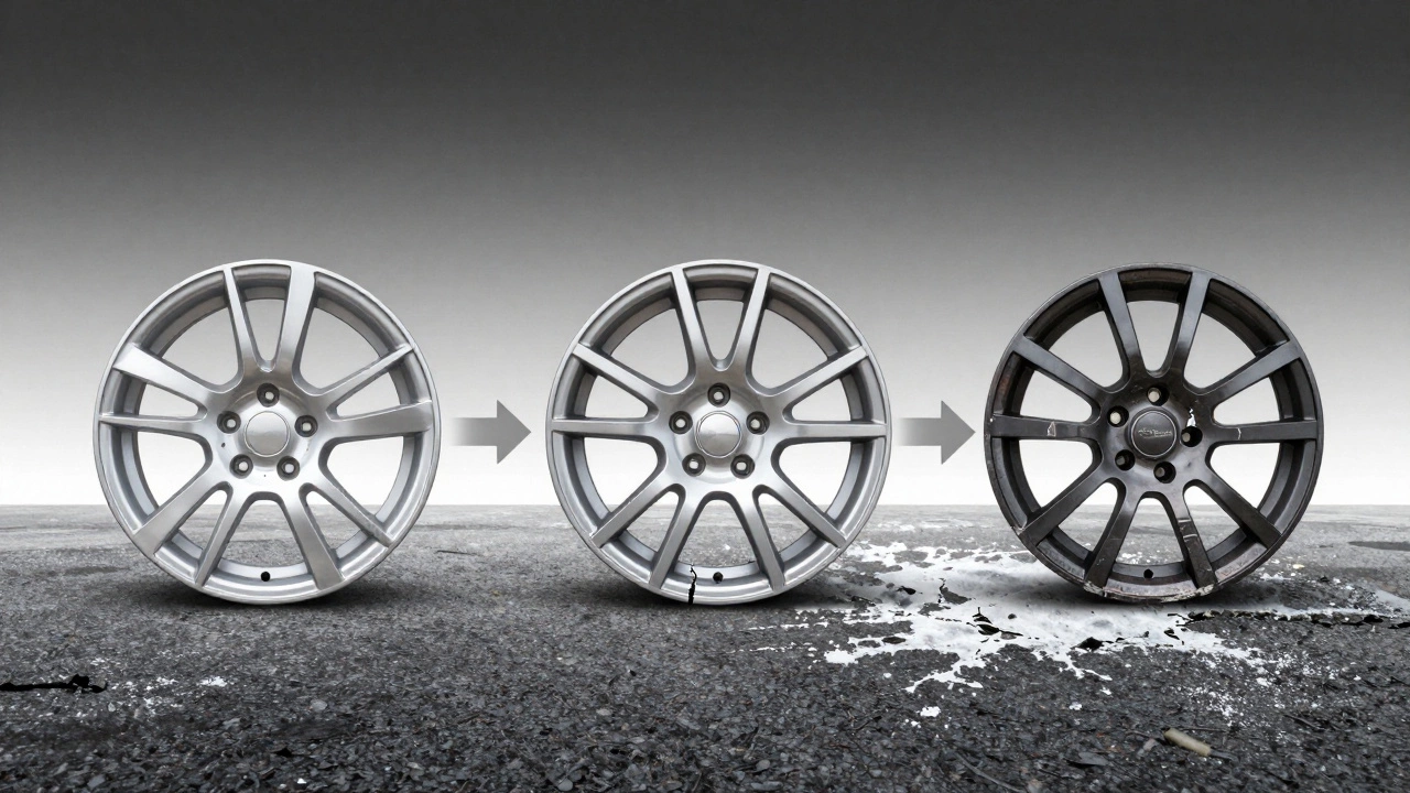 Timeline showing an alloy wheel deteriorating from pristine to cracked and corroded.