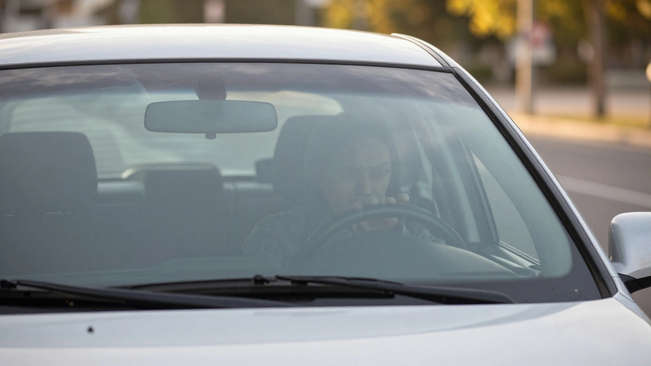 View from outside a car with 35% tint, showing a hand on the steering wheel through a subtle smoke-gray glass.