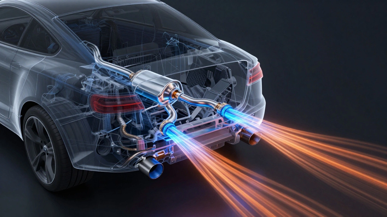 3D visualization of airflow and gas moving through a high-performance exhaust system.