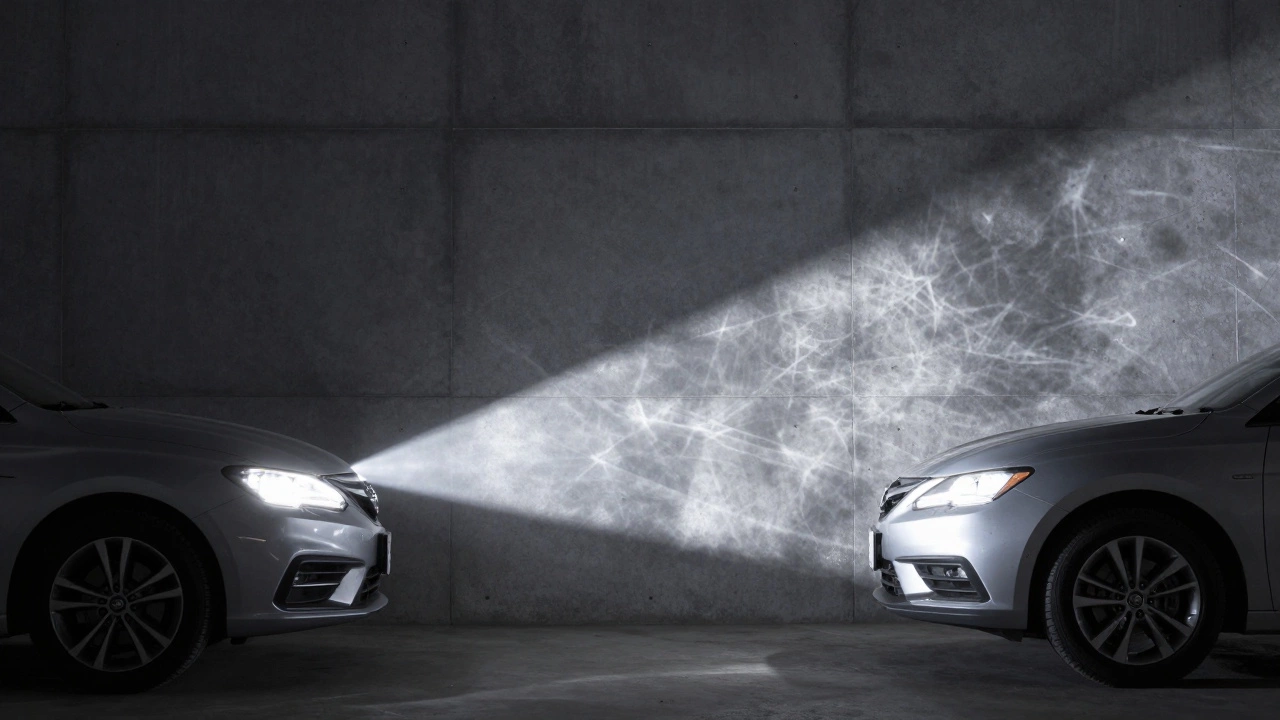 A car headlight beam showing an uneven pattern of hot spots and dark zones on a flat wall