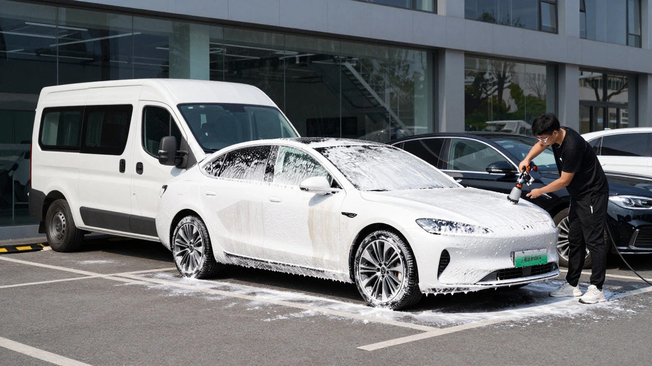 A mobile detailer applying cleaning foam to a luxury car in a corporate parking lot.