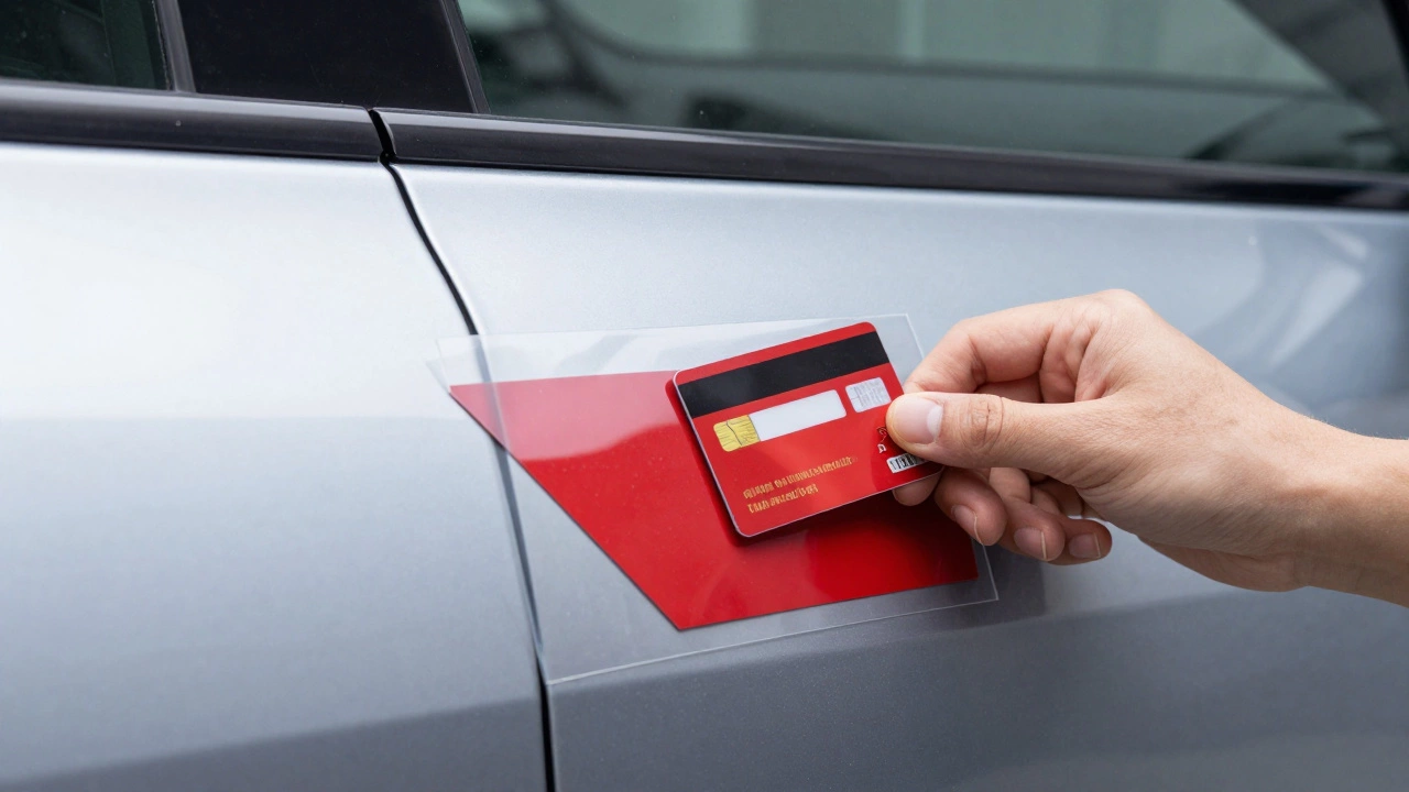 A person applying a red vinyl car decal using transfer tape and a credit card