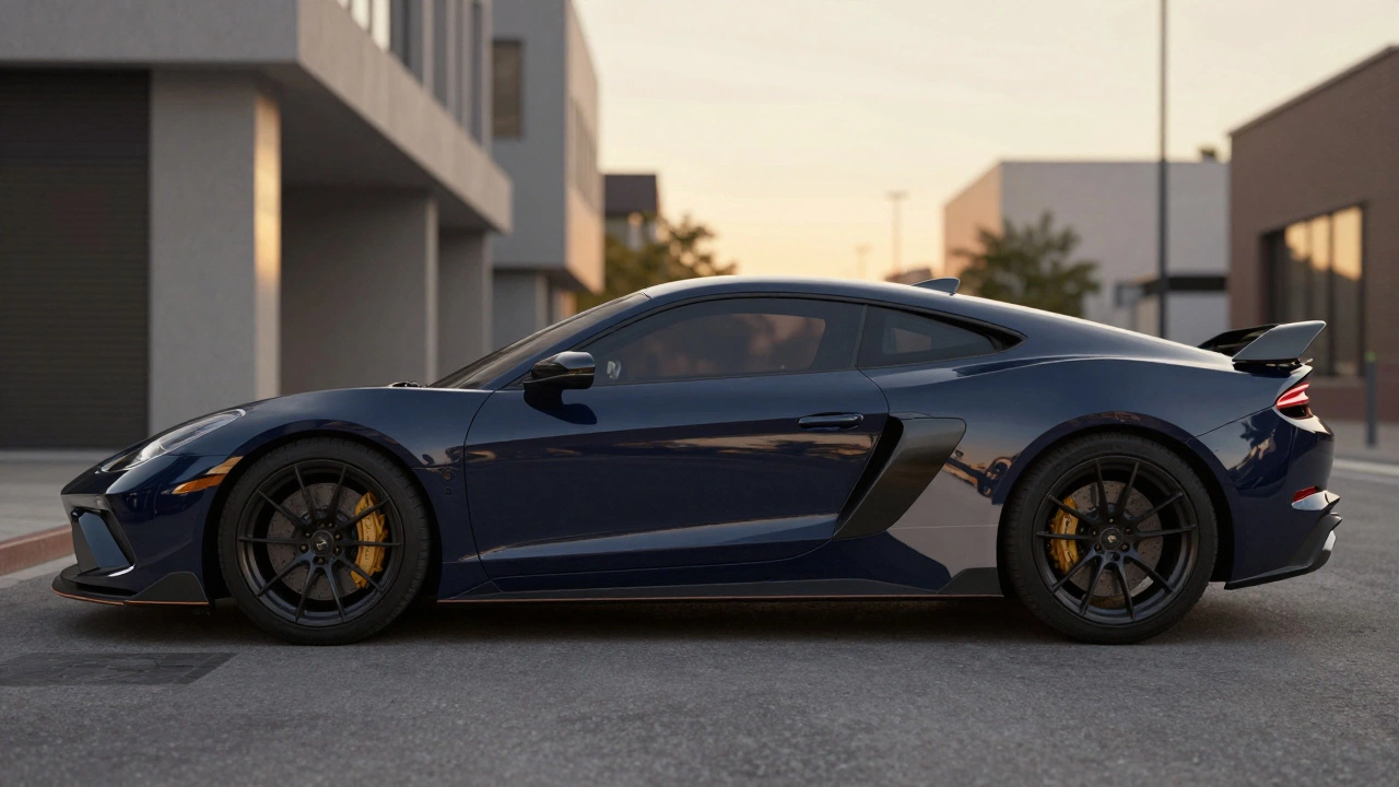 A sports car with a professional full vehicle wrap and racing decals in urban sunlight