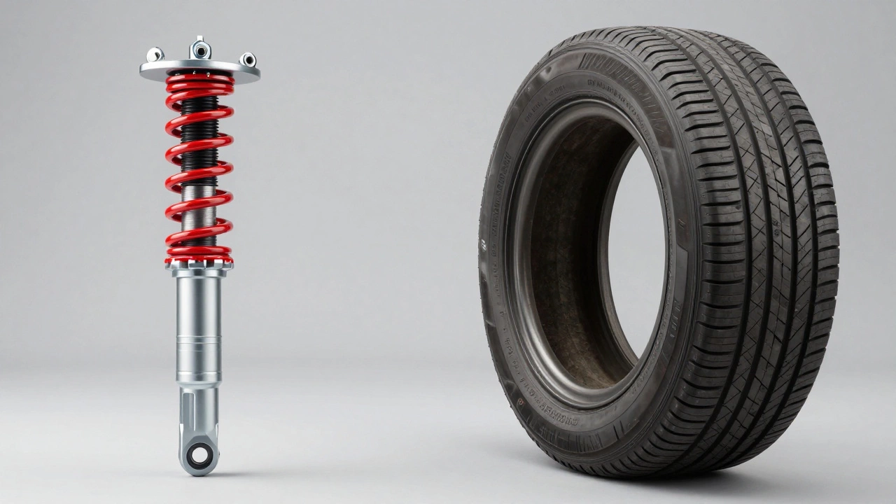 Adjustable coilover suspension kit and a tire with negative camber wear