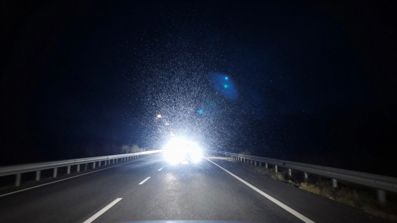 Blinding white glare from scattered LED headlights of an oncoming car on a dark road at night