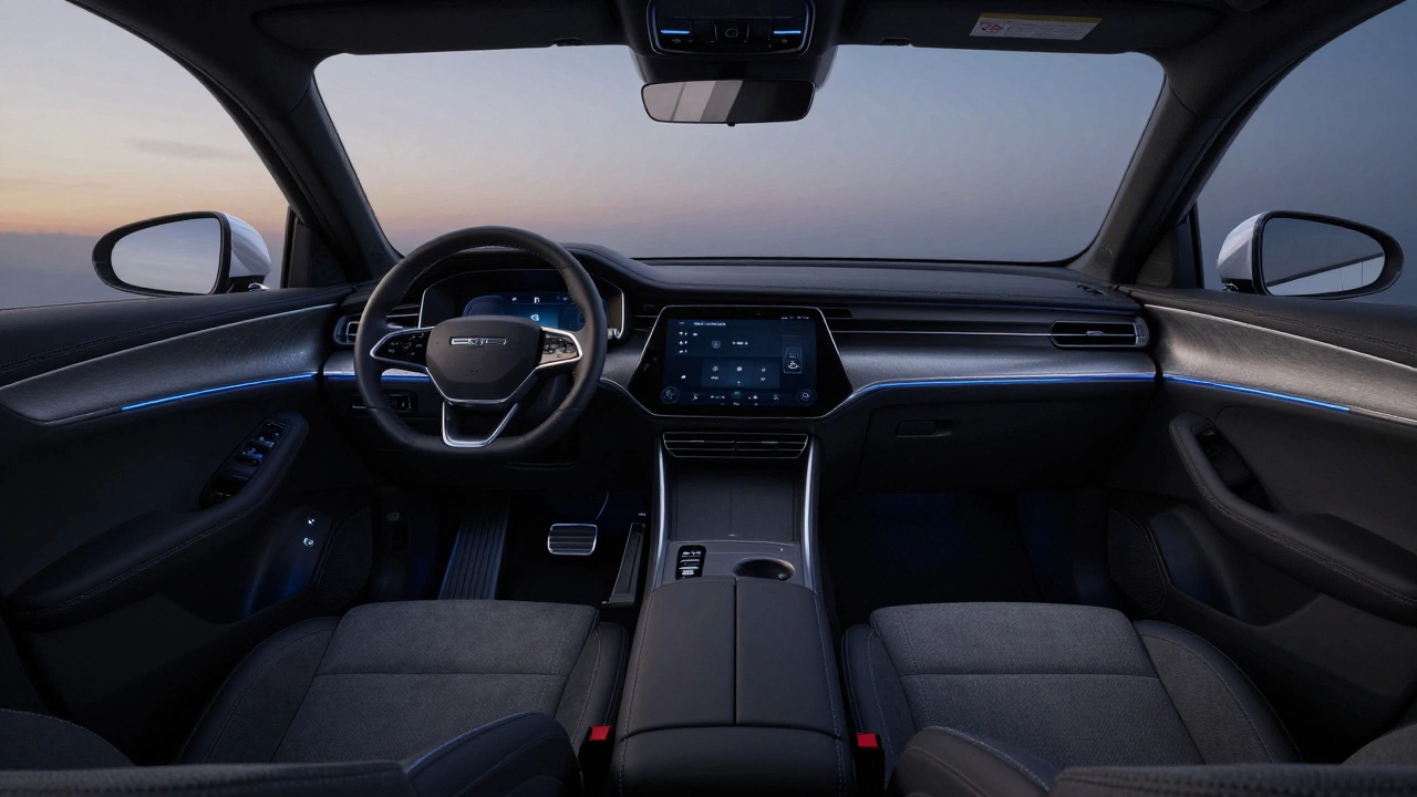 Car interior at night with subtle ice-blue ambient lighting and Alcantara seats