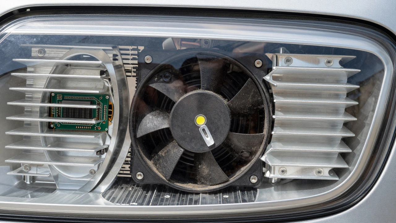 Close-up of an LED headlight bulb showing the cooling fan and heat sink